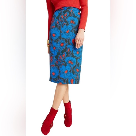 Anthropologie Blue & Red Poppy Knee-Length lined Pencil Skirt back Slit size 4 - Picture 2 of 11